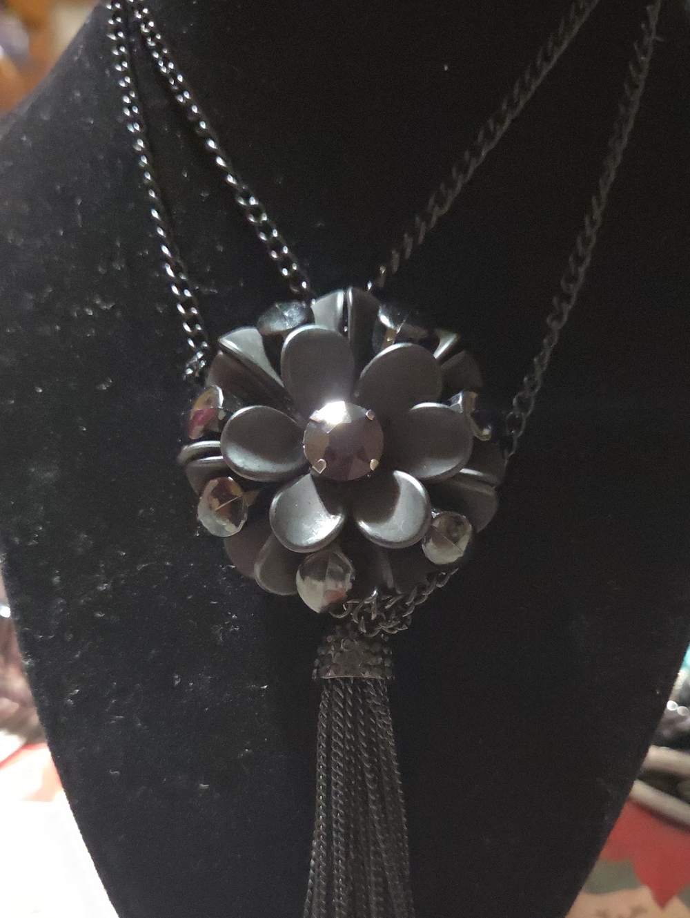 90's Grunge Black Floral Tassel Necklace